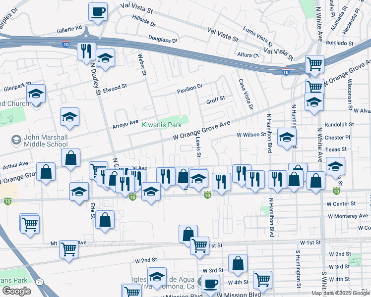 map of restaurants, bars, coffee shops, grocery stores, and more near 1269 Bayport Circle in Pomona