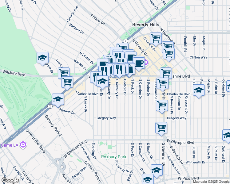 map of restaurants, bars, coffee shops, grocery stores, and more near 9677 Charleville Boulevard in Beverly Hills