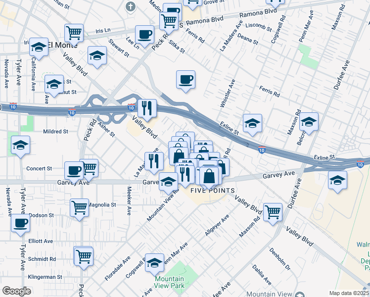 map of restaurants, bars, coffee shops, grocery stores, and more near 11825 Valley Boulevard in El Monte