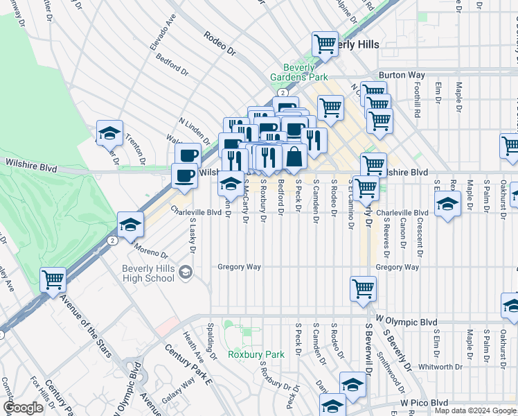 map of restaurants, bars, coffee shops, grocery stores, and more near 9677 Charleville Boulevard in Beverly Hills