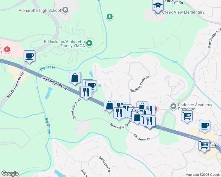 map of restaurants, bars, coffee shops, grocery stores, and more near 3044 Camden Way in Alpharetta