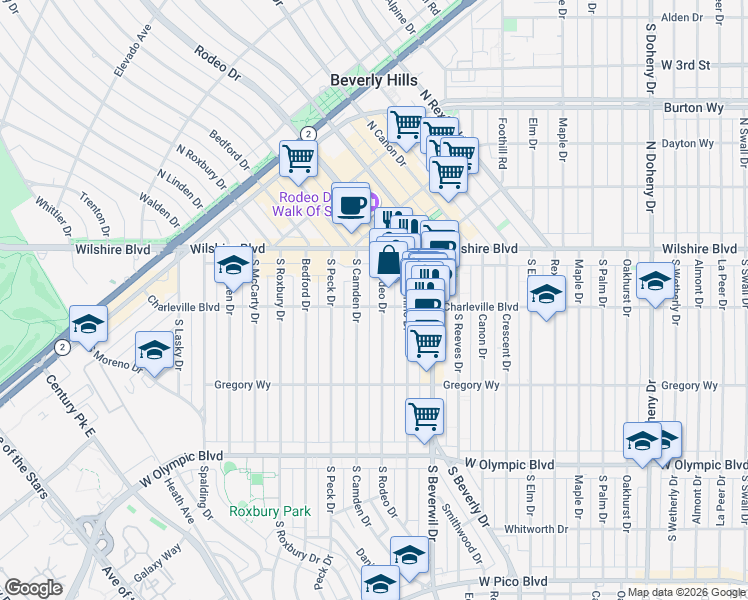 map of restaurants, bars, coffee shops, grocery stores, and more near 151 South Rodeo Drive in Beverly Hills
