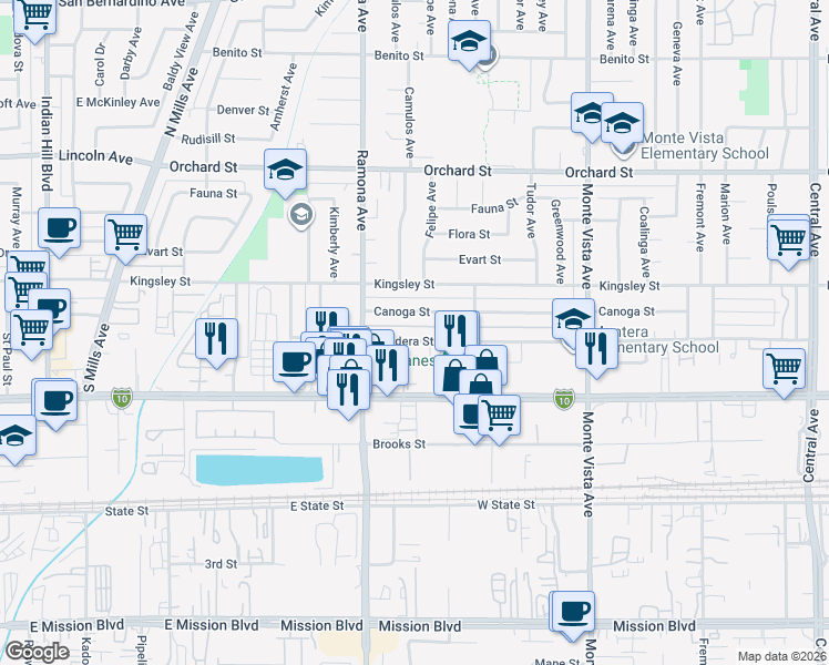 map of restaurants, bars, coffee shops, grocery stores, and more near 4594 Bandera Street in Montclair