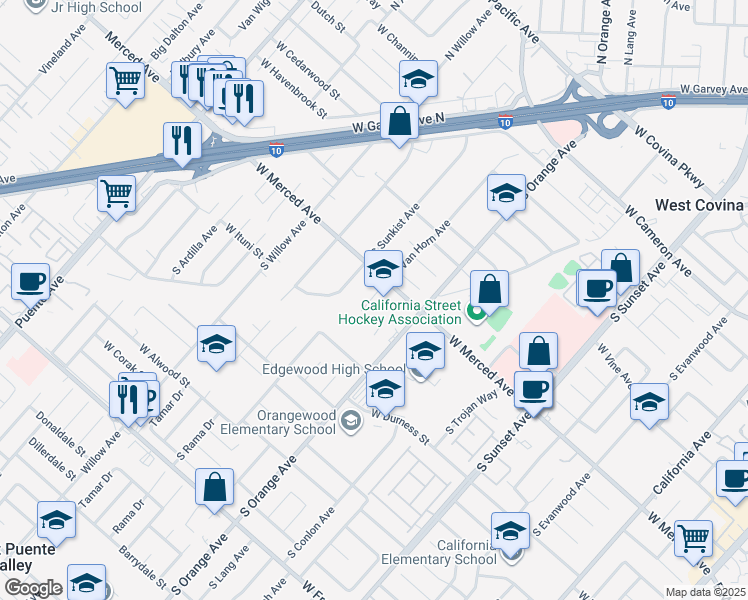 map of restaurants, bars, coffee shops, grocery stores, and more near 1222 South Van Horn Avenue in West Covina