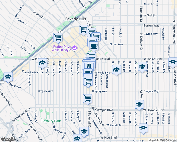 map of restaurants, bars, coffee shops, grocery stores, and more near 9464 Charleville Boulevard in Beverly Hills