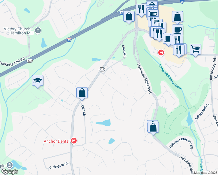map of restaurants, bars, coffee shops, grocery stores, and more near 2374 Whitehouse Road in Dacula