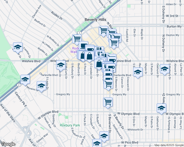 map of restaurants, bars, coffee shops, grocery stores, and more near 153 South Camden Drive in Beverly Hills
