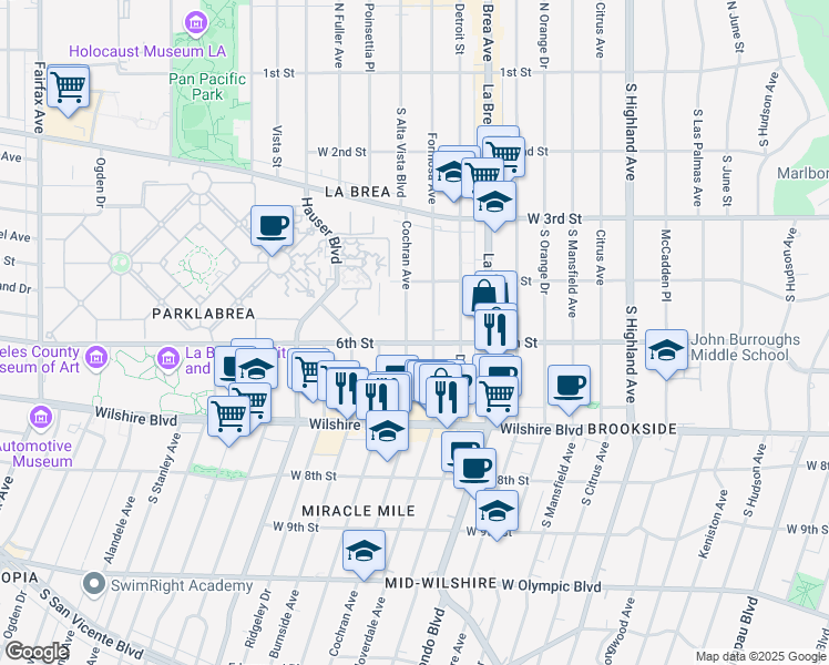 map of restaurants, bars, coffee shops, grocery stores, and more near 456 Cochran Avenue in Los Angeles