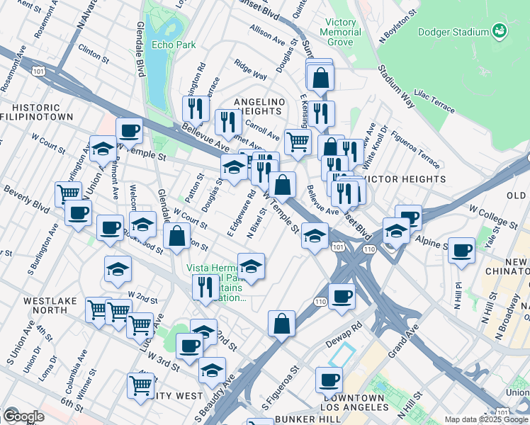 map of restaurants, bars, coffee shops, grocery stores, and more near 430 North Bixel Street in Los Angeles