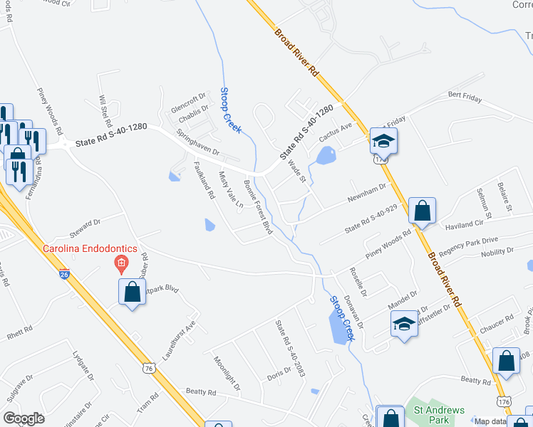 map of restaurants, bars, coffee shops, grocery stores, and more near 4616 Bonnie Forest Boulevard in Columbia