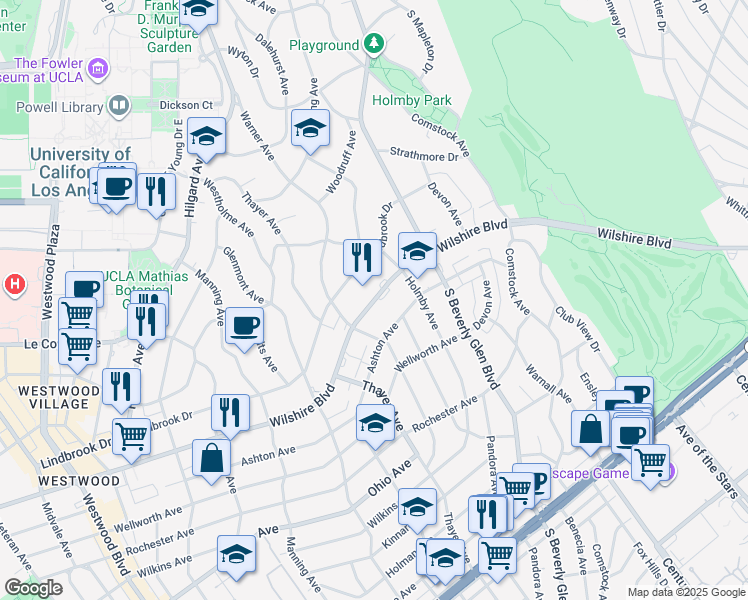 map of restaurants, bars, coffee shops, grocery stores, and more near 10535 Wilshire Boulevard in Los Angeles