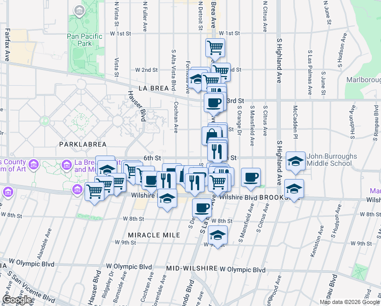 map of restaurants, bars, coffee shops, grocery stores, and more near 465 South Detroit Street in Los Angeles