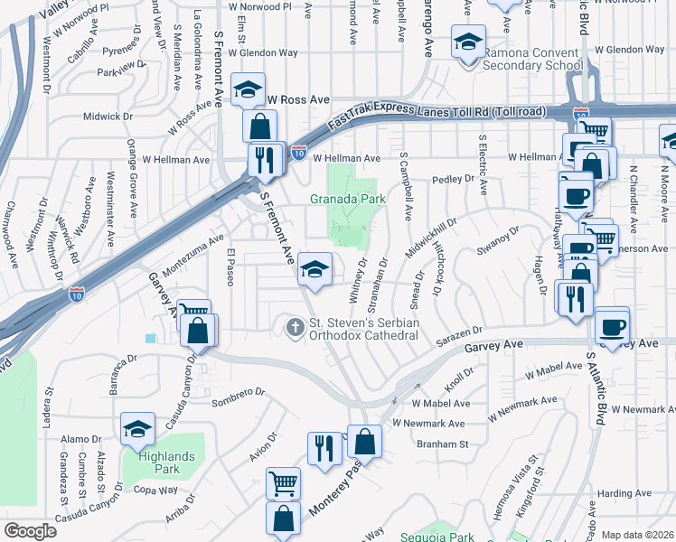 map of restaurants, bars, coffee shops, grocery stores, and more near 2025 Tracy Lane in Alhambra