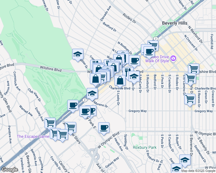 map of restaurants, bars, coffee shops, grocery stores, and more near 9900 South Santa Monica Boulevard in Beverly Hills
