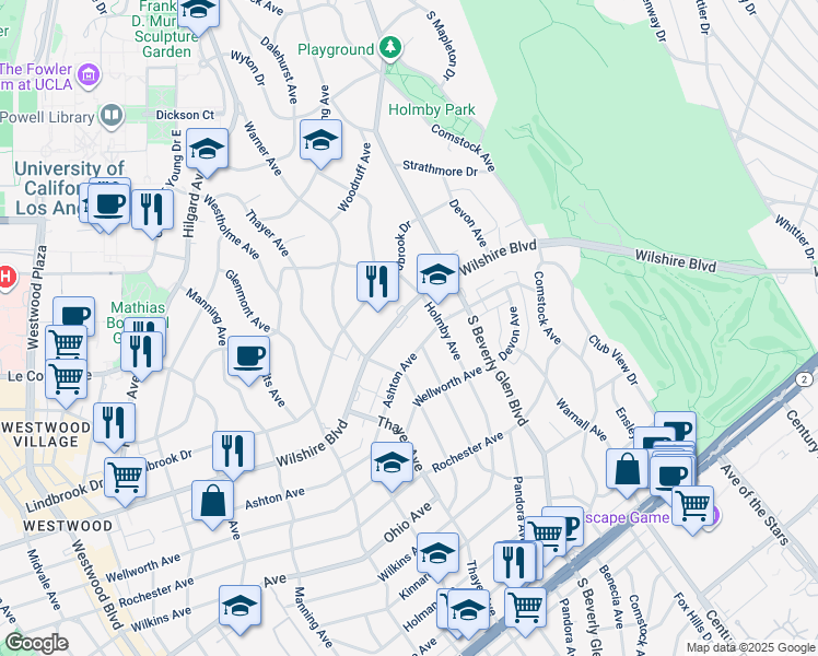 map of restaurants, bars, coffee shops, grocery stores, and more near 10450 Wilshire Boulevard in Los Angeles