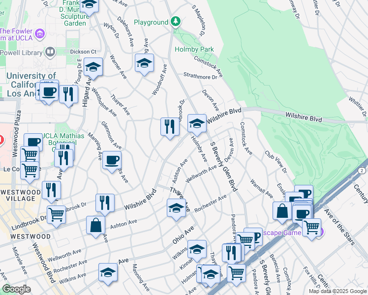 map of restaurants, bars, coffee shops, grocery stores, and more near 10450 Wilshire Boulevard in Los Angeles