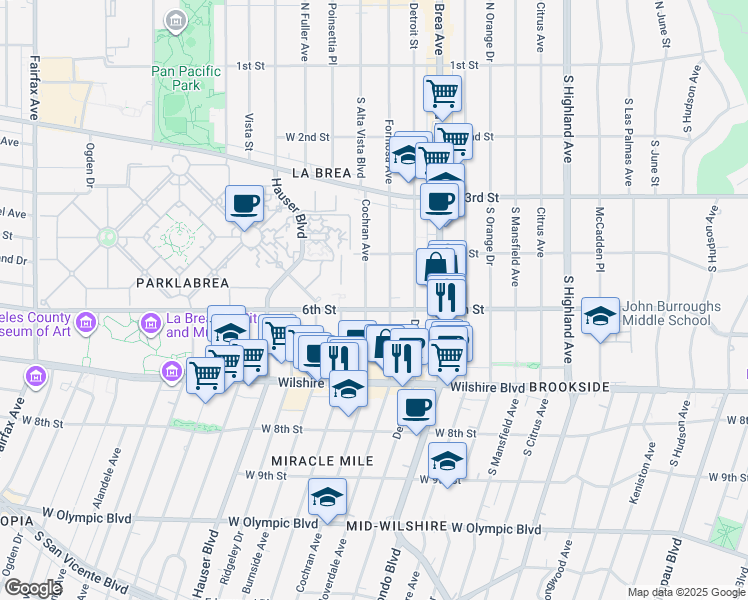 map of restaurants, bars, coffee shops, grocery stores, and more near 5525 West 6th Street in Los Angeles