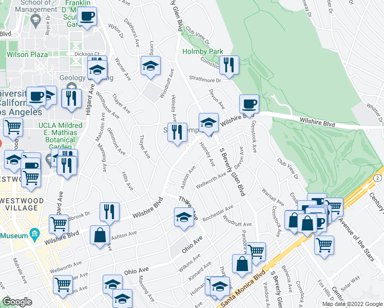 map of restaurants, bars, coffee shops, grocery stores, and more near 10490 Wilshire Boulevard in Los Angeles