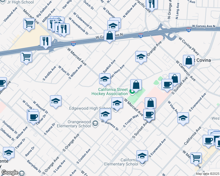map of restaurants, bars, coffee shops, grocery stores, and more near 1822 West Merced Avenue in West Covina