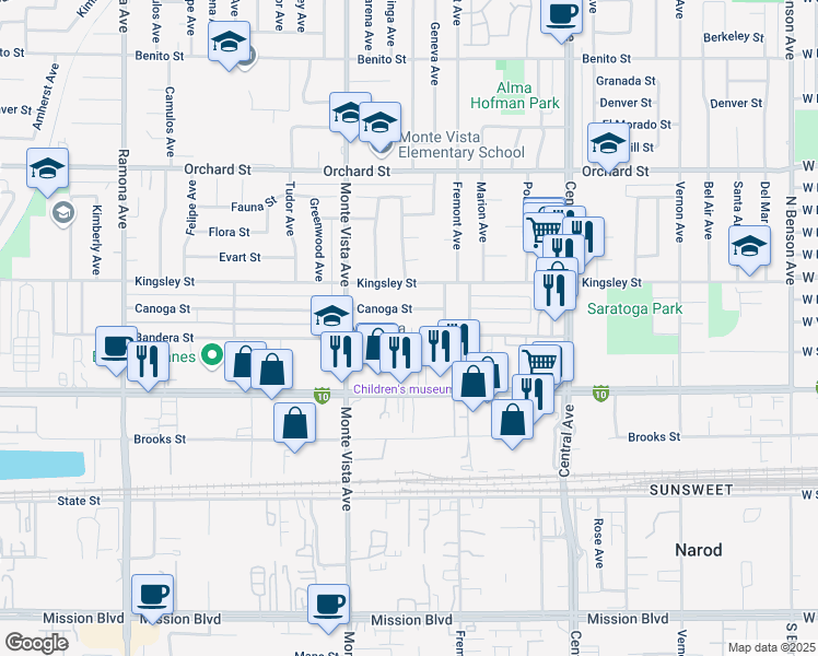 map of restaurants, bars, coffee shops, grocery stores, and more near 5016 Bandera Street in Montclair
