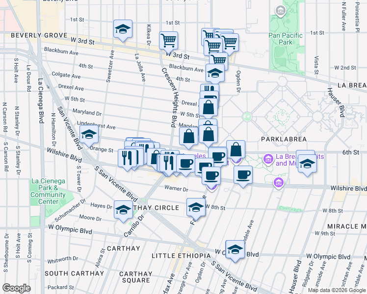 map of restaurants, bars, coffee shops, grocery stores, and more near 6204 West 6th Street in Los Angeles