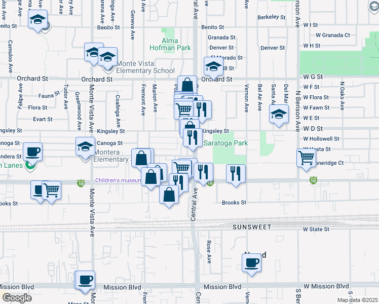 map of restaurants, bars, coffee shops, grocery stores, and more near 10380 Central Avenue in Montclair