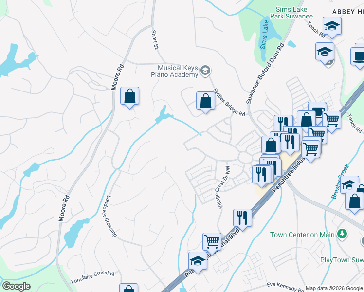 map of restaurants, bars, coffee shops, grocery stores, and more near 4639 Arbor Crest Place in Suwanee