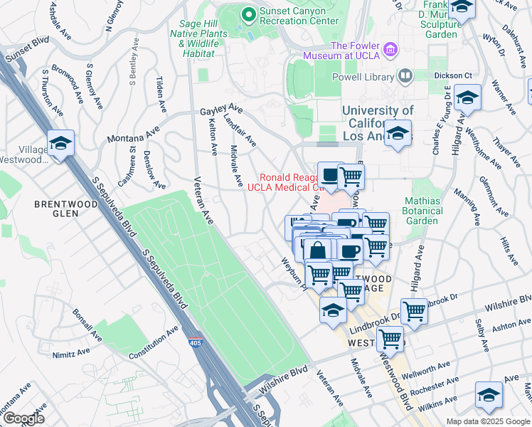 map of restaurants, bars, coffee shops, grocery stores, and more near 11024 Strathmore Drive in Los Angeles