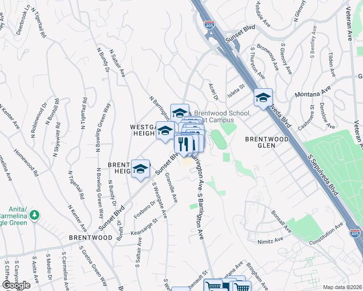 map of restaurants, bars, coffee shops, grocery stores, and more near 2 South Barrington Avenue in Los Angeles