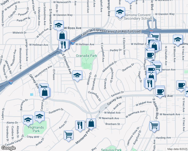 map of restaurants, bars, coffee shops, grocery stores, and more near 2421 Stranahan Drive in Alhambra