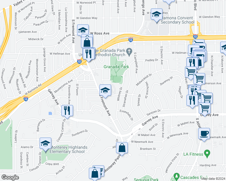 map of restaurants, bars, coffee shops, grocery stores, and more near 2027 Tracy Lane in Alhambra