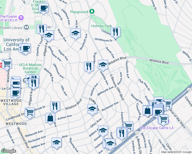 map of restaurants, bars, coffee shops, grocery stores, and more near 10450 Wilshire Boulevard in Los Angeles
