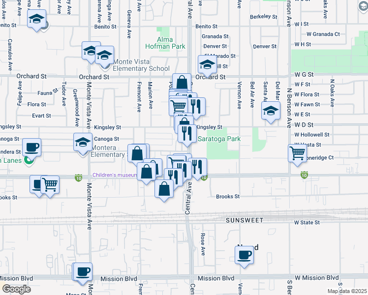 map of restaurants, bars, coffee shops, grocery stores, and more near 10380 Central Avenue in Montclair