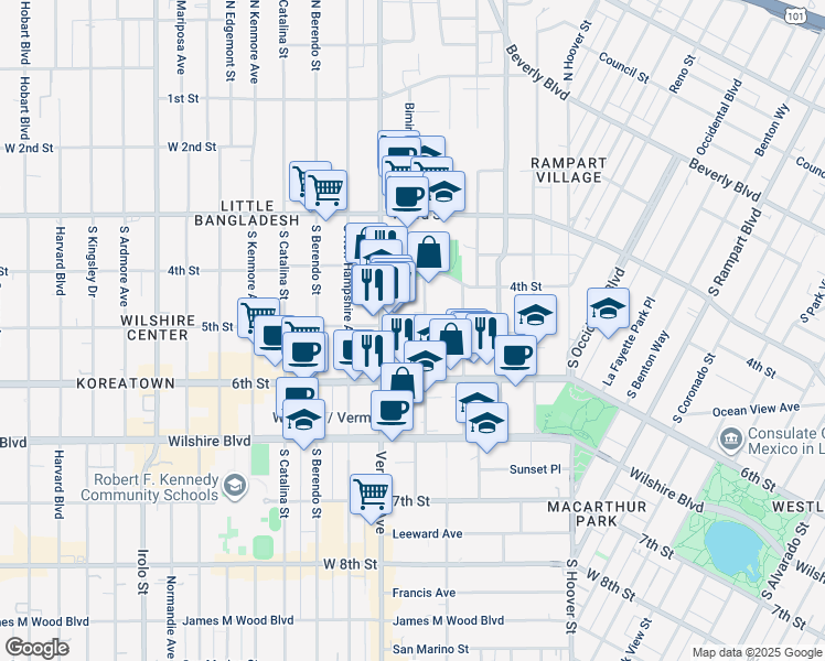 map of restaurants, bars, coffee shops, grocery stores, and more near 501 Shatto Place in Los Angeles