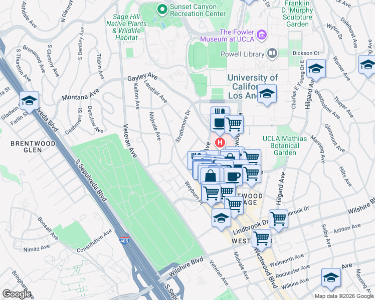 map of restaurants, bars, coffee shops, grocery stores, and more near 10981 Roebling Avenue in Los Angeles