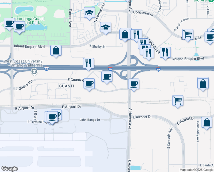 map of restaurants, bars, coffee shops, grocery stores, and more near 3281 East Guasti Road in Ontario