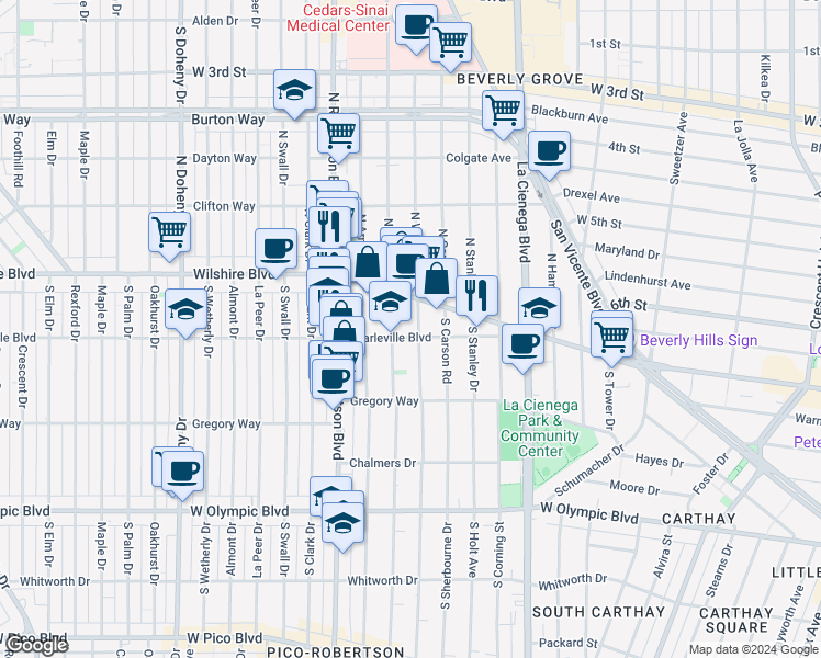 map of restaurants, bars, coffee shops, grocery stores, and more near 127 South Willaman Drive in Beverly Hills