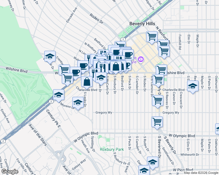map of restaurants, bars, coffee shops, grocery stores, and more near 201 South McCarty Drive in Beverly Hills