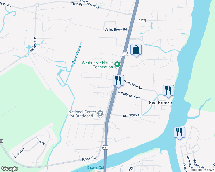 map of restaurants, bars, coffee shops, grocery stores, and more near 725 Ocracoke Drive in Wilmington