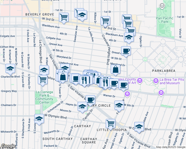 map of restaurants, bars, coffee shops, grocery stores, and more near 6366 6th Street in Los Angeles
