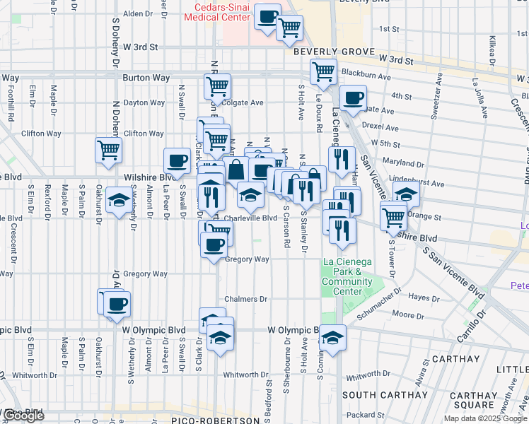map of restaurants, bars, coffee shops, grocery stores, and more near 127 South Willaman Drive in Beverly Hills