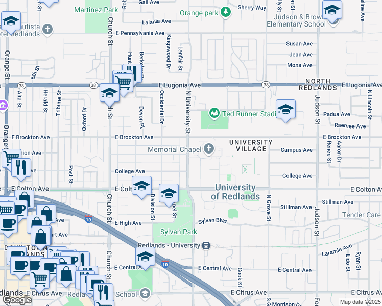 map of restaurants, bars, coffee shops, grocery stores, and more near 1098 North University Street in Redlands