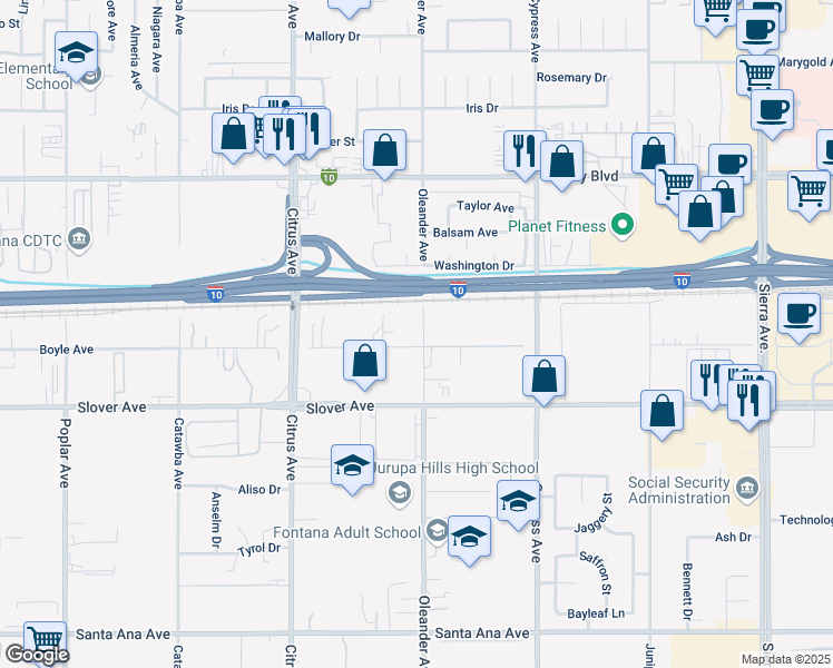 map of restaurants, bars, coffee shops, grocery stores, and more near 16310 Boyle Avenue in Fontana