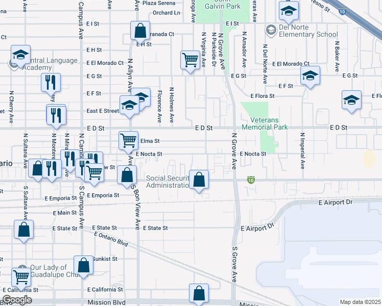 map of restaurants, bars, coffee shops, grocery stores, and more near 1110 East Nocta Street in Ontario