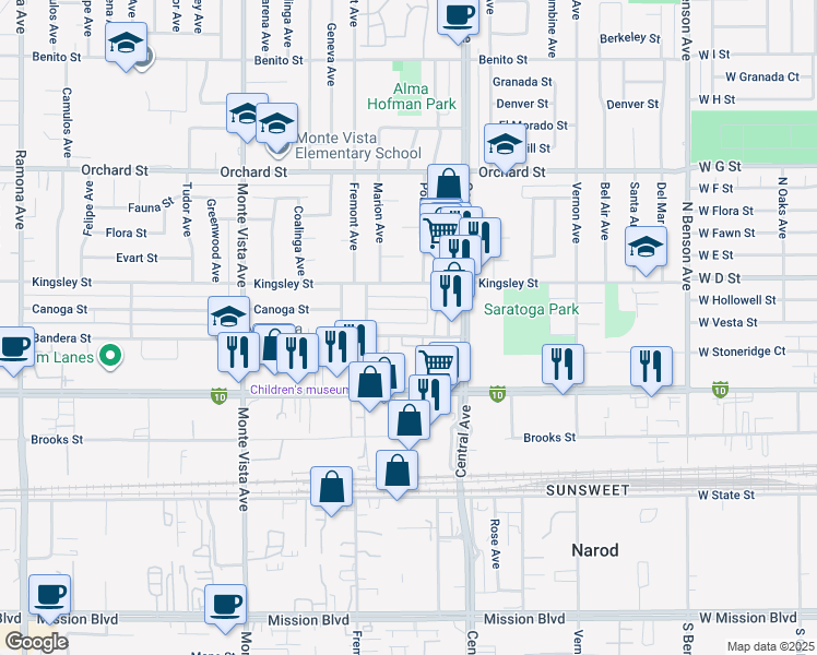 map of restaurants, bars, coffee shops, grocery stores, and more near 5215 Bandera Street in Montclair