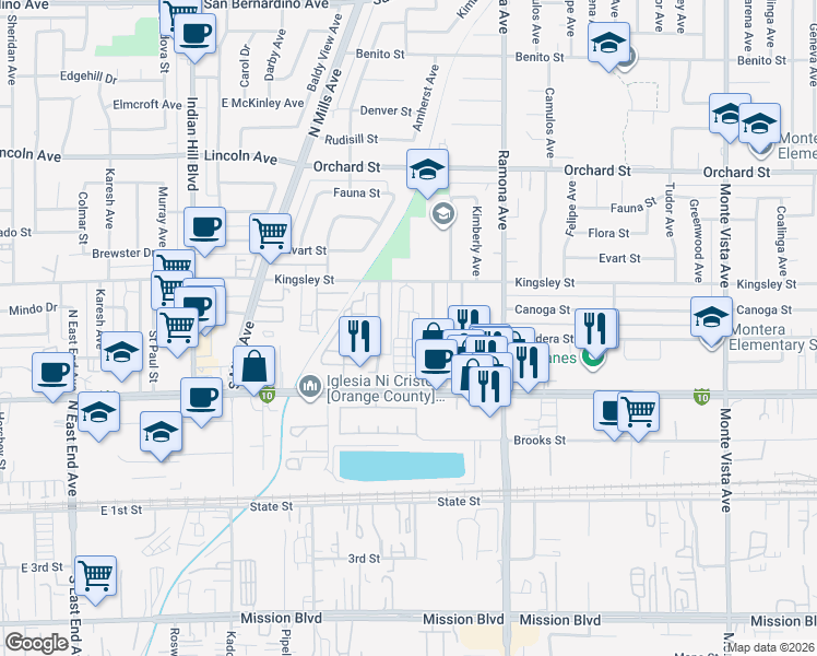 map of restaurants, bars, coffee shops, grocery stores, and more near 10421 Amherst Avenue in Montclair