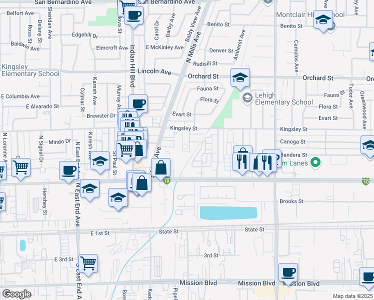map of restaurants, bars, coffee shops, grocery stores, and more near 10408 Via Palma in Montclair