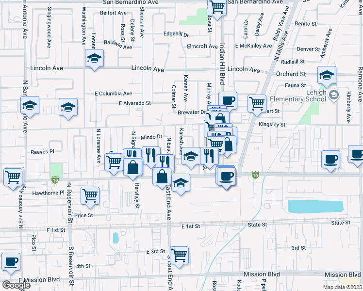 map of restaurants, bars, coffee shops, grocery stores, and more near 639 Karesh Avenue in Pomona