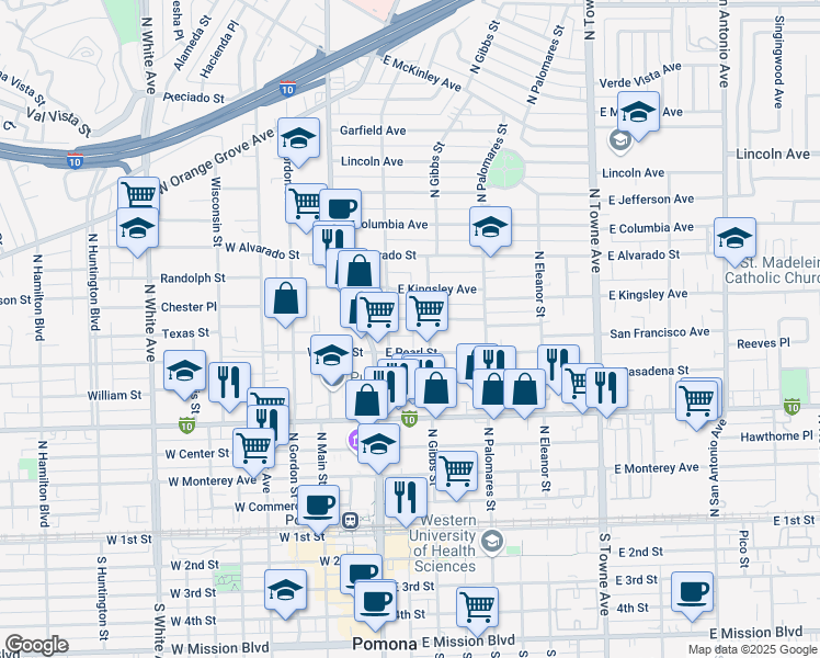 map of restaurants, bars, coffee shops, grocery stores, and more near 745 North Gibbs Street in Pomona
