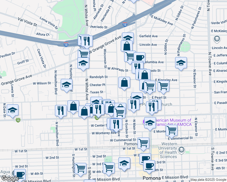 map of restaurants, bars, coffee shops, grocery stores, and more near 740 Wisconsin Street in Pomona